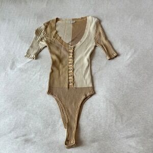Intimately Free People Tan Cream Ribbed Colorblock Button Front Bodysuit Small